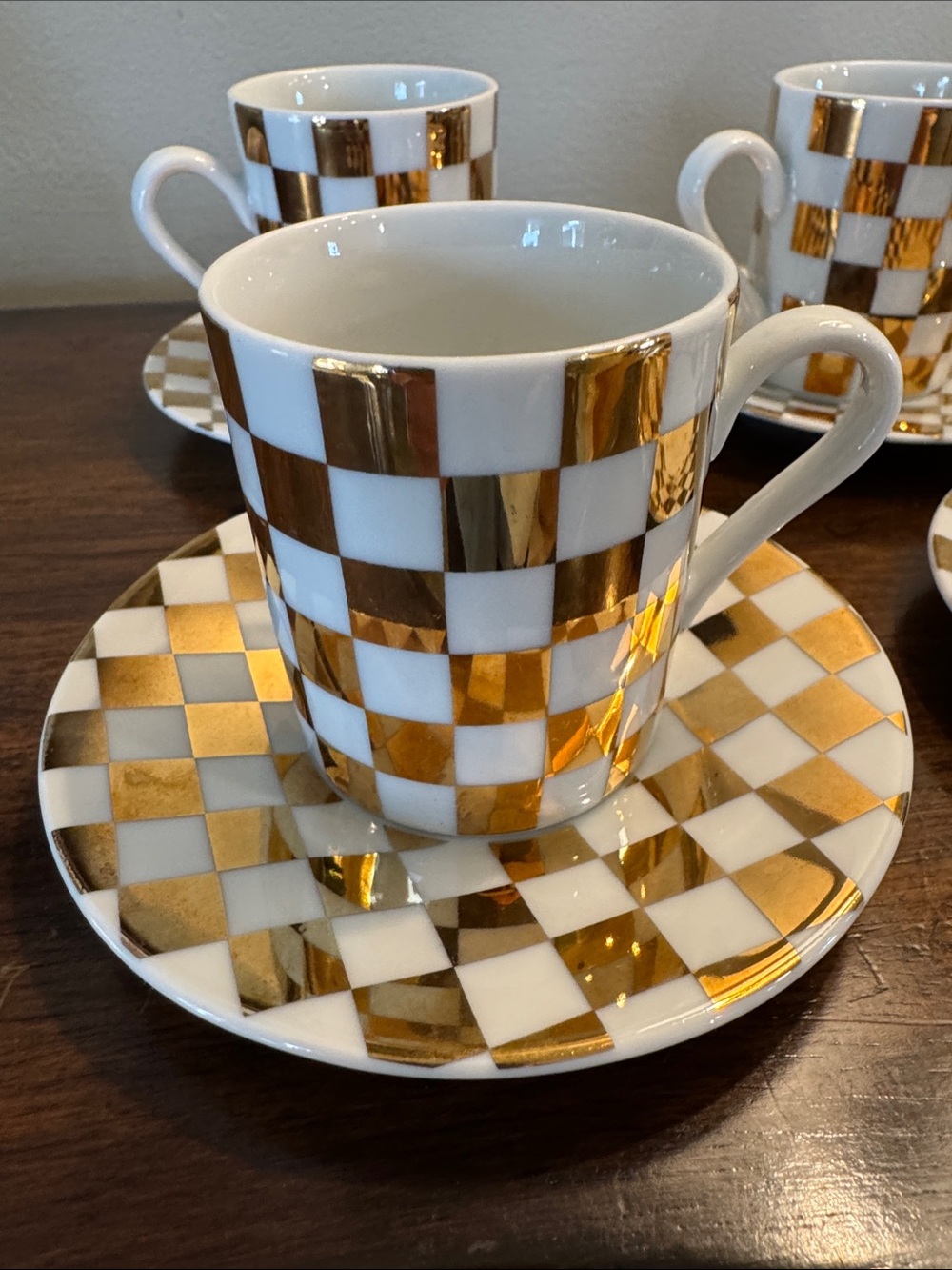 White and Gold Checker Porcelain Espresso Cup & Saucer - Set